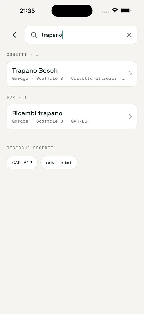 Ricerca della parola «trapano»: fra i risultati l'oggetto Trapano Bosch, con indicato Garage, Scaffale B, Cassetta attrezzi.