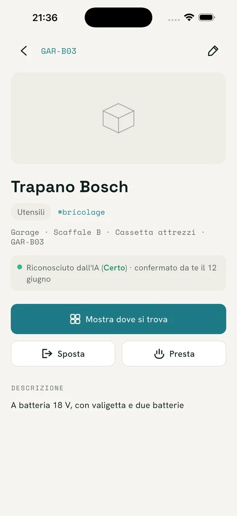 Scheda del Trapano Bosch col codice GAR-B03, il percorso completo e la riga «Riconosciuto dall'IA (Certo), confermato da te».